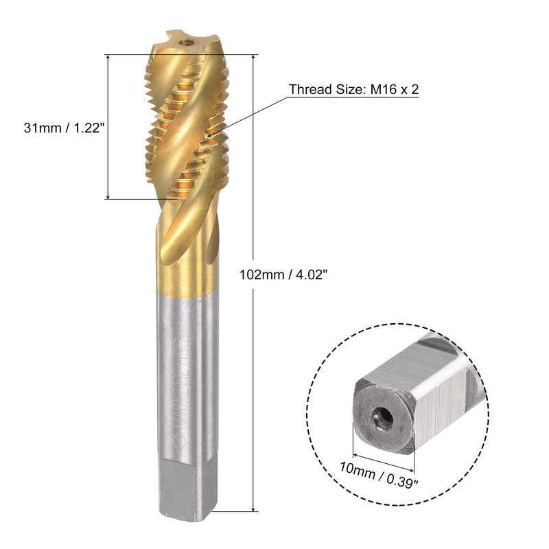 sourcing map Tap with Spiral Groove M16 x 2 High Speed Steel Titanium Coated Machine Tap 4 Flute Thread Cutting Tool H2 Tolerance