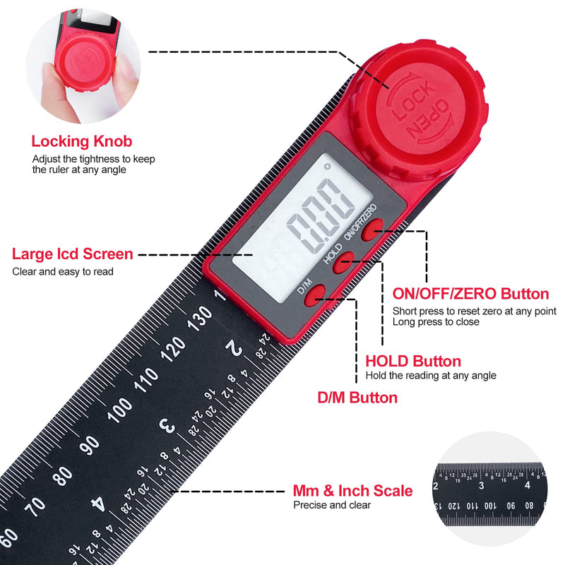 Newaner 360° Rotating Digital Protractor, 200 mm Angle Gauge with LCD Display and Locking Function, Digital Protractor for Mechanical Engineering, Woodworking, Construction and Measurement, Black