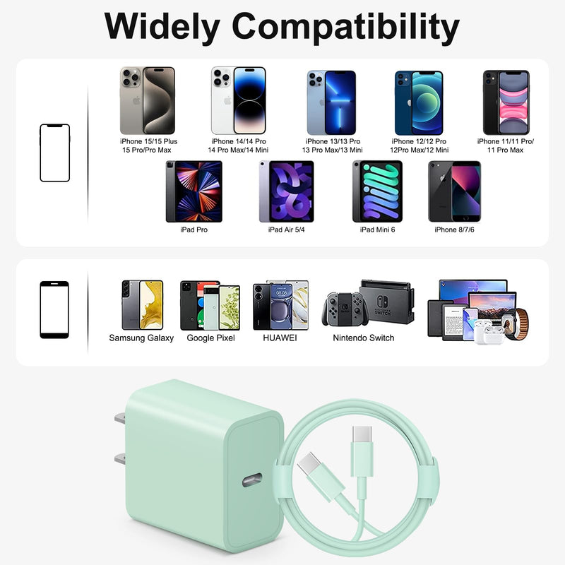 iPhone 16 15 Charger Fast Charging 10Ft - 2 Pack 20W USB C Wall Charger Block and Type C to C Cable Compatible with iPhone 16/16 Pro/16 Pro Max/iPhone 15, iPad Pro, Air 5/4,iPad 10 (Green) Green