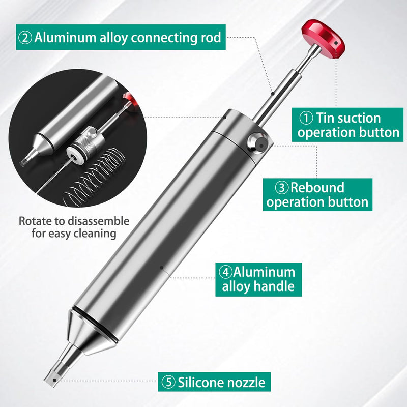 All-Metal Vacuum Soldering Extraction Desoldering Pump, with 2 Silicone Nozzles and 2 Soldering Wires, High Suction Power, High Temperature Resistant, Perfect Desoldering Tool for Soldering Removal 1