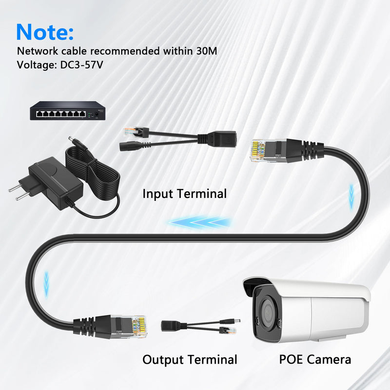 GINTOOYUN 1 Pair of POE Splitter Adapter DC3-57V 100Mbps DC5.5x2.1mm Male and Female Plug Set POE Power Over Ethernet Spliter for Security Cameras,CCTV Monitoring,IP Cameras,etc(6.3 Inch)