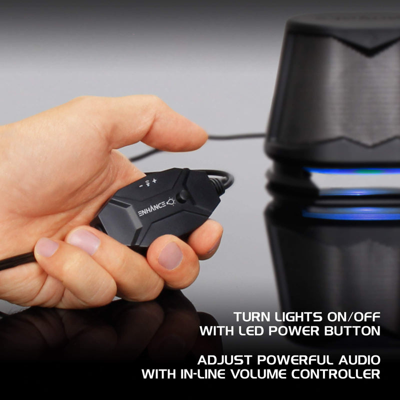 ENHANCE SB2 PC Speakers with Blue LED Glow Lights and 2.0 USB Powered Design - 10W Peak Sound, 3.5mm Wired Connection, in-Line Volume Control - Compatible with Gaming Desktop, Laptop, PC - Black