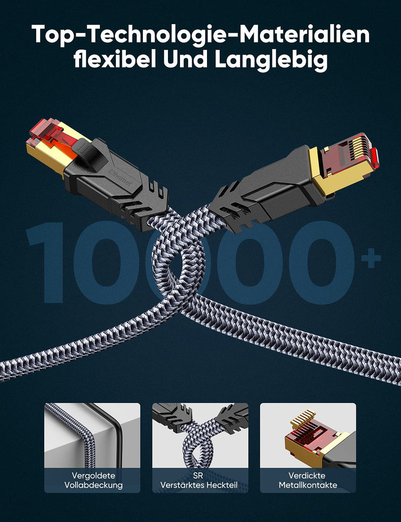 Snowkids Cat 8 Network Cable 5 m, 40 Gbps LAN Cable High Speed 2000 MHz S/FTP Ethernet Cable POE Gigabit RJ45 Nylon Braided Gold-Plated Patch Cable for PS5/4 Router Modem TV Switch Laptop | Robust Nylon Cable, 2000MHz High Speed Patch Cable, S/FTP, RJ4...