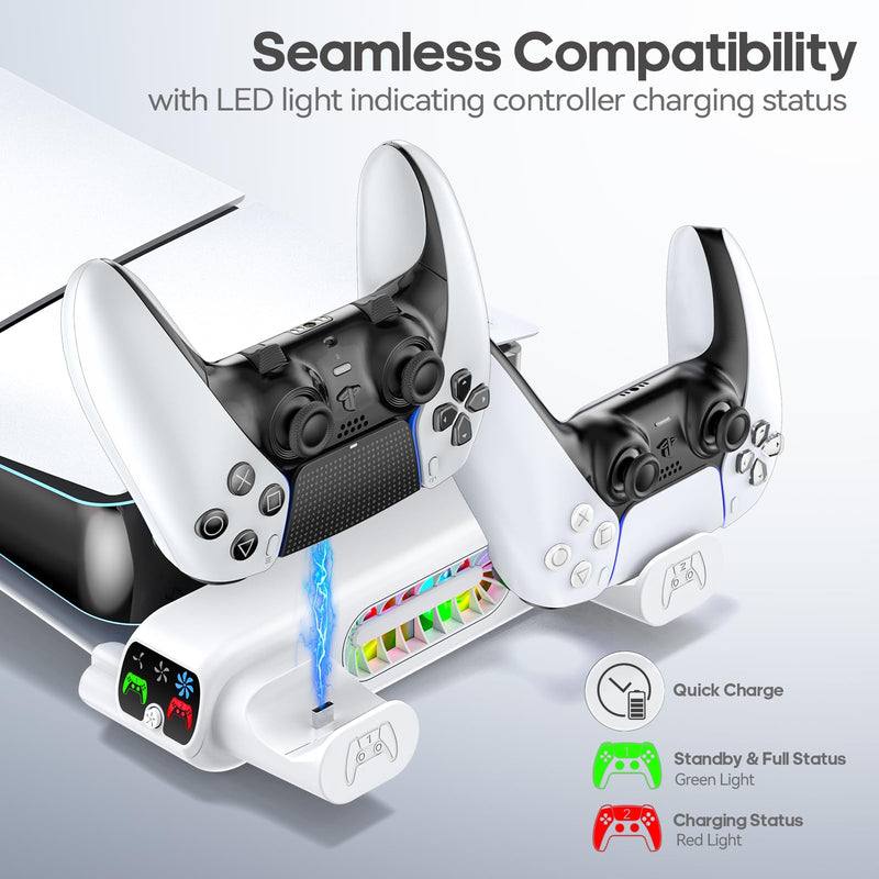 Horizontal Cooling Stand Replacement for PS5 Slim Disc & Digital Only, Dual PS5 Controller Charger with 3-Level RGB Cooling Fan, for 2023 PS5 Slim Console PlayStation 3 Games (NOT Fit 2020 PS5)