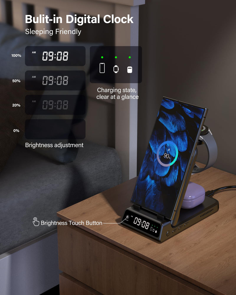 Charging Station for Samsung S24 Ultra, SwanScout 703S, Wireless Charger for Samsung S24+/S24/S23 Ultra/S23/S22/Note 20, Galaxy Watch 6/6 Classic/5/4, Galaxy Buds 2 Pro/Pro (for Travel)