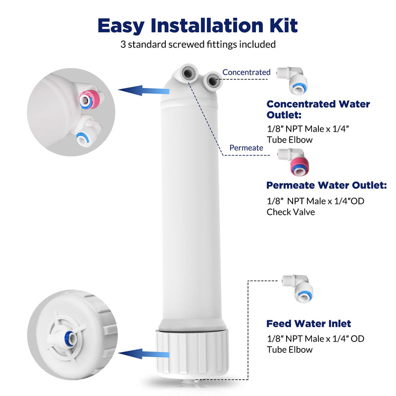 Membrane Solutions 75 GPD RO Membrane, Reverse Osmosis Membrane with Membrane Housing, Wrench, 1/4" Quick-Connect Fittings, Check Valve, Replacement for Under Sink Home Drinking RO Water Filter System 75 GPD Kit 1 Count (Pack of 1)