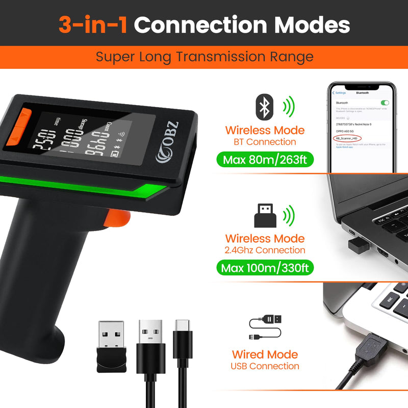 OBZ 2D Bluetooth Barcode Scanner with Large Screen, Compatible with 2.4G Wireless & Bluetooth & USB Wired, Connect Smart Phone, Tablet, PC, Wireless QR Code Scanner Work with Windows Mac iOS Android