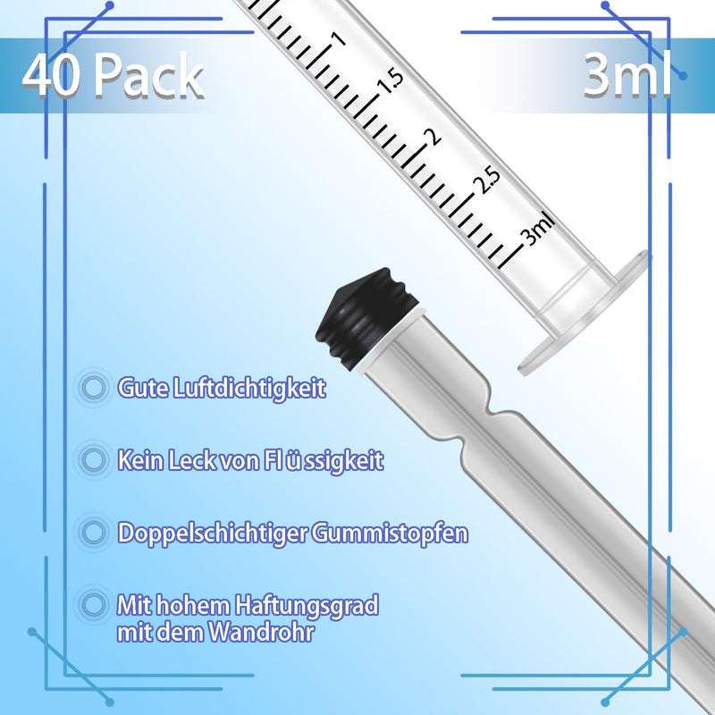 Pack of 40 3 ml Syringes, Oil Dosing Syringe (without Needles) with Caps, for Small Pet Feeding, Industrial Precision Application 40 pieces-3ml