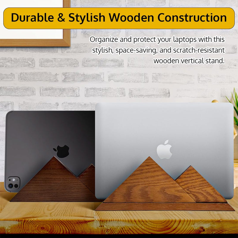 Dual Laptop Holder Vertical Laptop Stand 2 Slots Wooden - Dark Brown (Walnut Color)