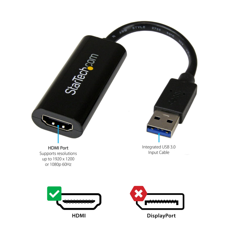 StarTech.com USB 3.0 to HDMI Adapter - 1080p (1900x1200) - Slim/Compact USB Type-A to HDMI Display Adapter Converter for Monitor - External Video & Graphics Card - Black - Windows Only (USB32HDES)