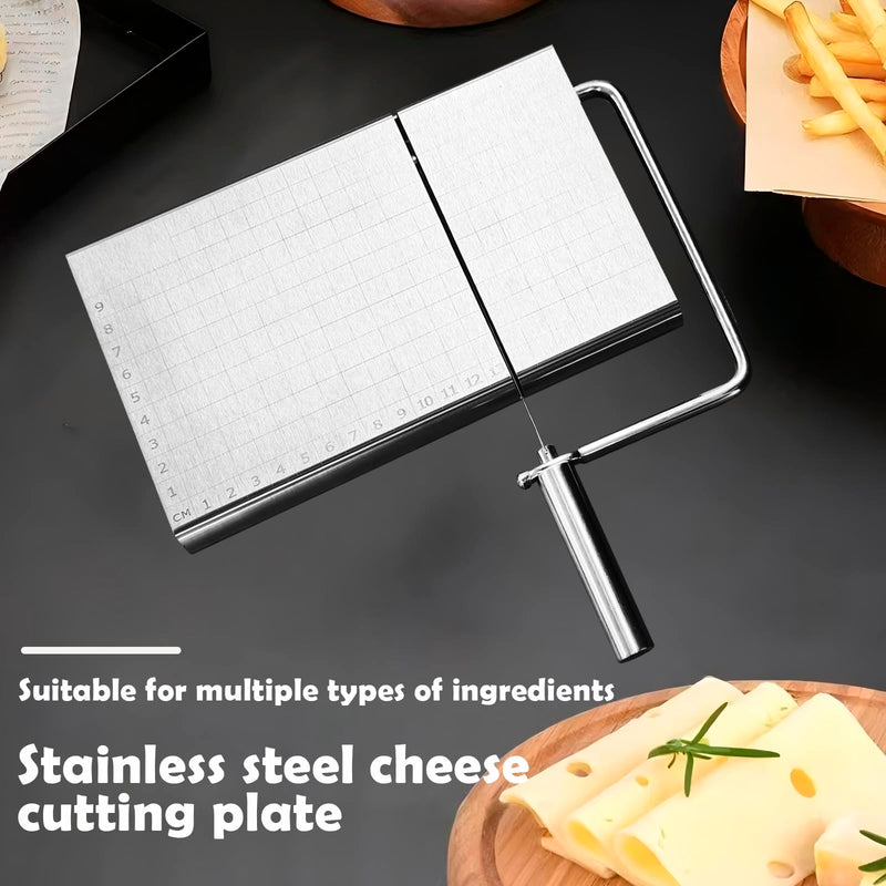 Cheese Slicer with Cutting Board and Measuring Grid, Adjustable Stainless Steel Wire Cheese Cutter for Block Cheese, Includes 5 Replacement Wires, Easy to Clean and Use