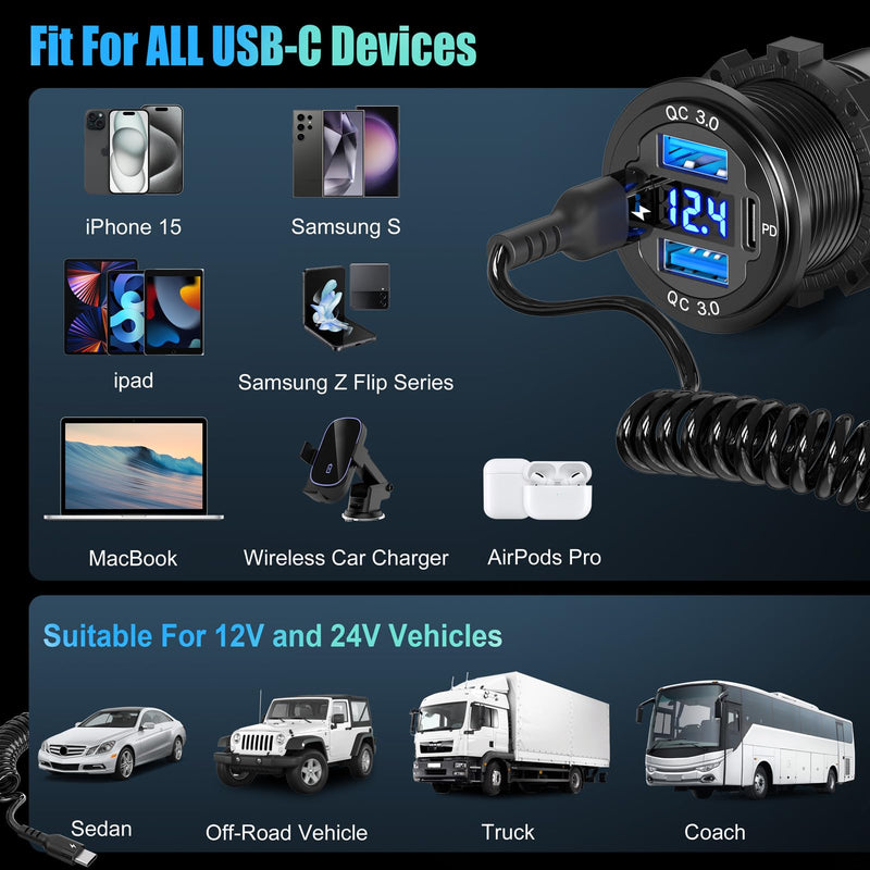 12V USB C Outlet 78W 4 Ports Aluminum Car Charger Socket, Dual PD 30W and Dual QC 18W Car USB Port 12V Charger with Voltmeter and C to C Cable, Suitable for Boat Marine Bus Truck Golf RV Motorcycle