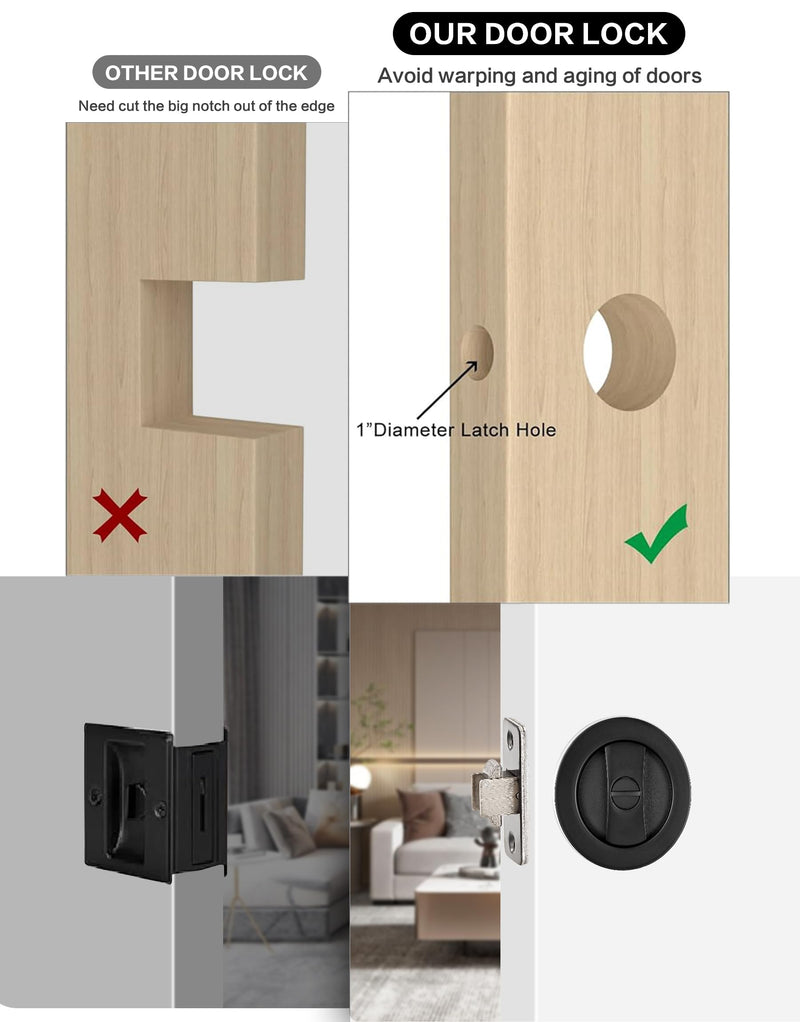 Pocket Door Hardware Black, Pocket Door Lock, Pocket Door Latch, Matte Black Contemporary Sliding Pocket Door with Privacy Lock for Bathroom & Bedroom (1 Pack, Round) 1 Pack Matte Black (Round)
