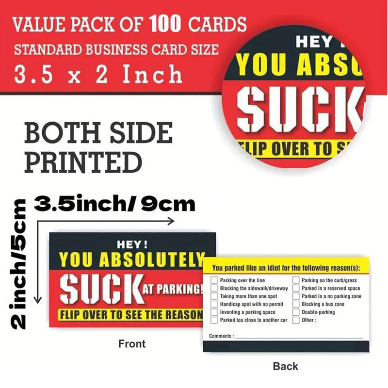 Bad Parking Cards - 100Pcs You Absolutely Suck At Parking Cards -Funny Parking Violation Tickets with Multi Violation Reasons (3.5 x 2 Inches), Red