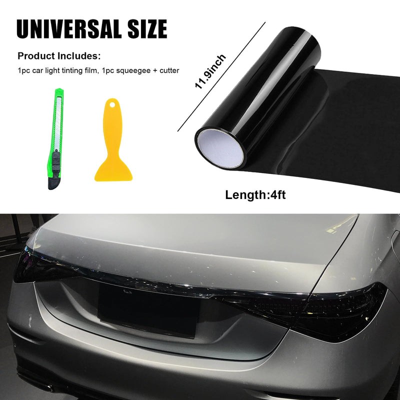 12 × 48 Inch Car Light Tint Film, Shiny Chameleon Headlights Tail Lights Fog Lights Films with Squeeze & Cutter, Self Adhesive Vinyl Film Sticker Sheet Roll Car Accessories (Dark Black) Dark Black