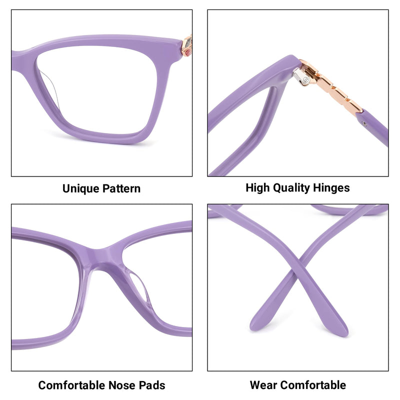 VOOGLAM Oversized Square Frame Fashion Glasses Anti-blue Light Women Wheat Head Rhinestones-7264 Purple Non-prescription Clear Lens