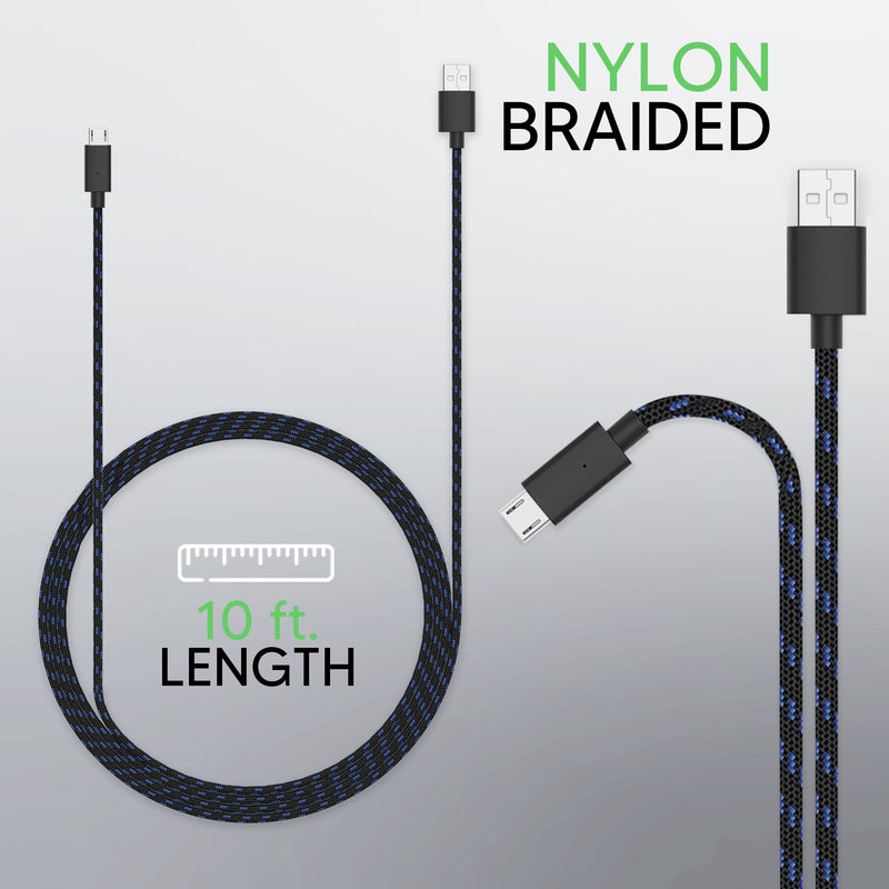 TALK WORKS Controller Charger Cord for Xbox One - 2 Pack 10 ft Nylon Braided Micro USB Charging Cable - Also Android Compatible with Samsung Galaxy, PS4