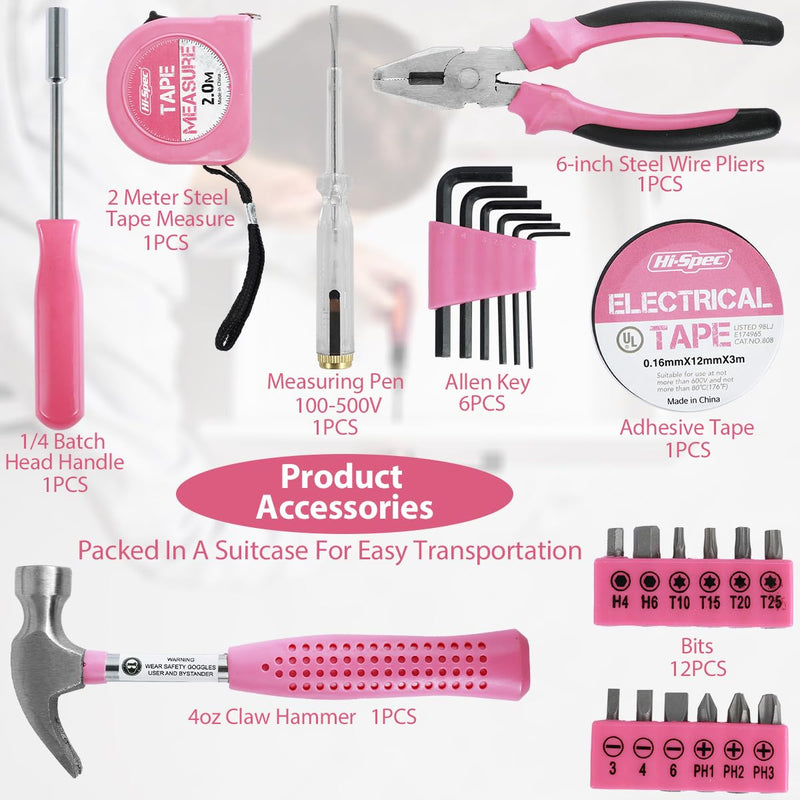 48Pcs Household Repair Tool Kit Multi-Purpose Pink Home Hand Tool Set with Case Hammer and Allen Key Set with Electrical Tape Screwdriver Test Pen Plier Bits 48