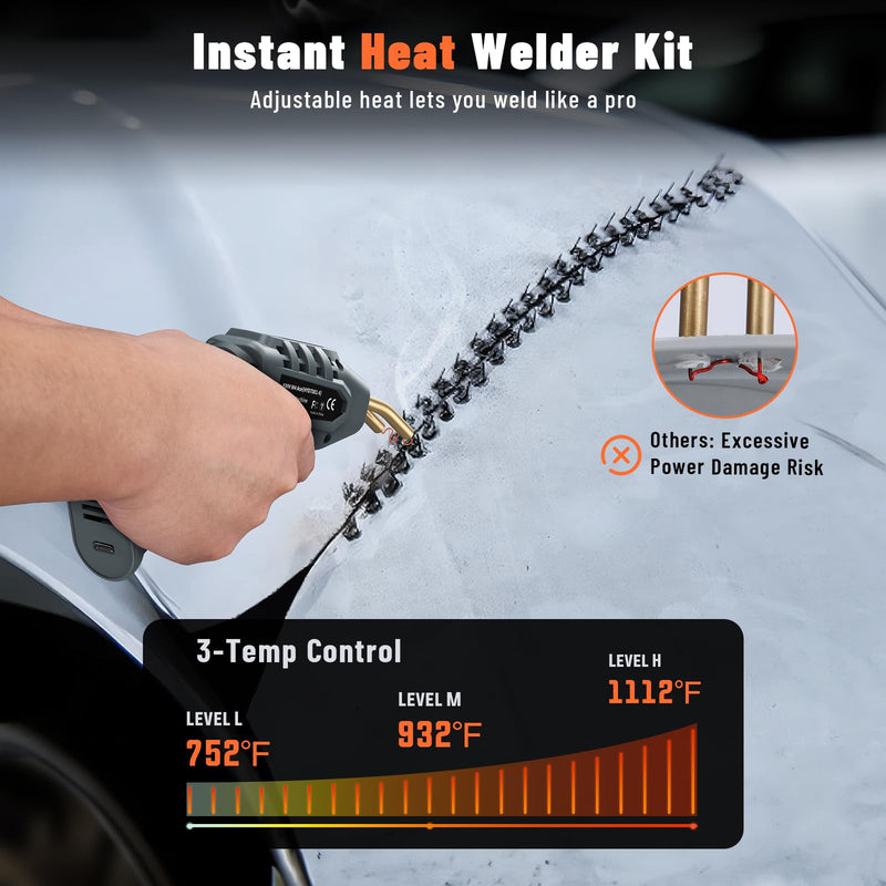 Katerk Cordless Plastic Welder – 400 Staples Included, 3 Adjustable Temperature Settings, USB Rechargeable | Portable Plastic Welding Kit, Perfect for DIY Projects, Bumper/Toys Repair