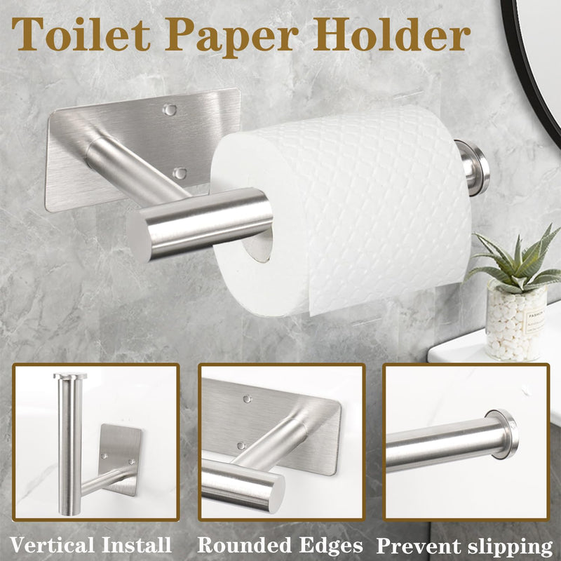 5 Pcs Self Adhesive Bathroom Hardware Set, Stainless Steel Towel Rack Set Include Adjustable 24In Bath Towel Bar+Toilet Paper Holder+3 Towel/Robe Hooks Bathroom Accessory Kit(Brushed Nickel) Brushed Nickel 24 In-5 Pcs