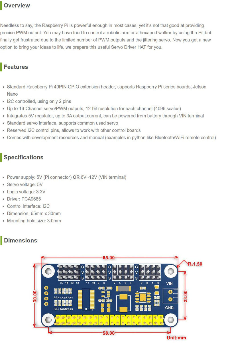 waveshare Servo Driver Hat for Raspberry Pi 3B+ 3B 2B Zero WH Zero W Zero 16 Channel PWM Outputs 12 Bit Resolution I2C Interface