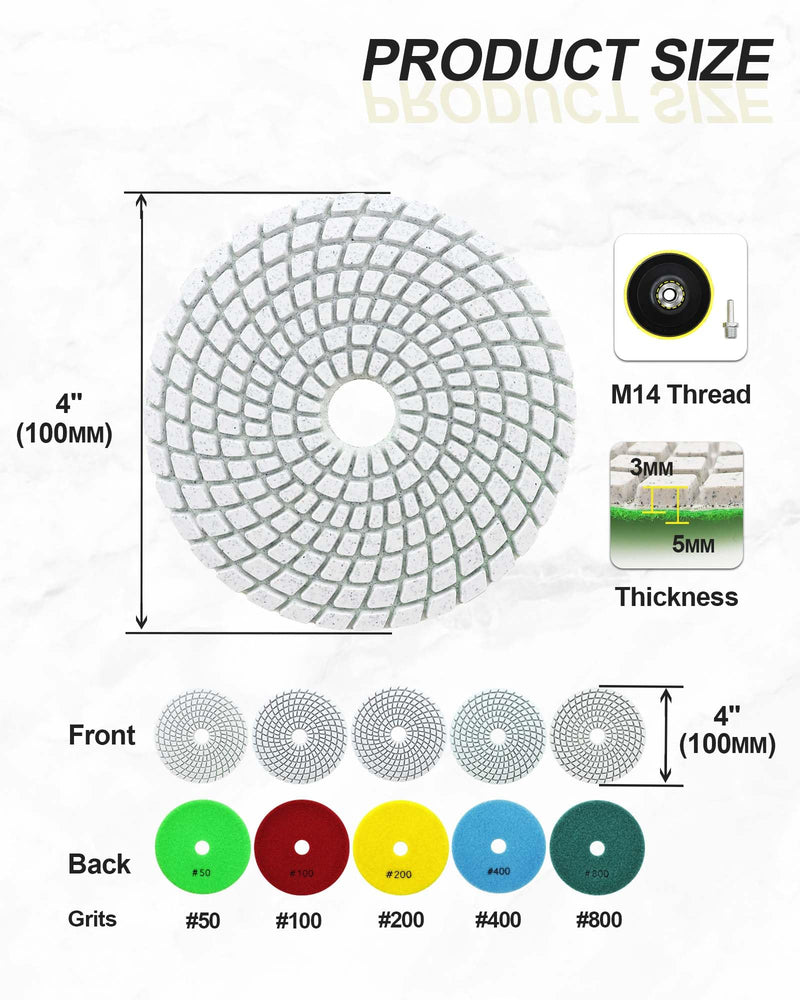 Wet Diamond Polishing Discs - Diamond Polishing Pad 6 Pieces 100 mm Grit 50 x 2/100/200/400/800 with M14 Support Plate + Adapter for Granite Marble Artificial Stone Quartz for Angle Grinder Set1