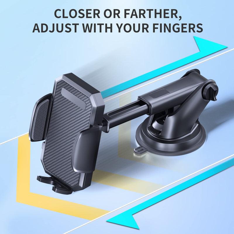 FBB Phone Mount for Car, [ Off-Road Level Suction Cup Protection ] 3in1 Long Arm Suction Cup Holder Universal Cell Phone Holder Mount Dashboard Windshield Vent Compatible with All Smartphones Black