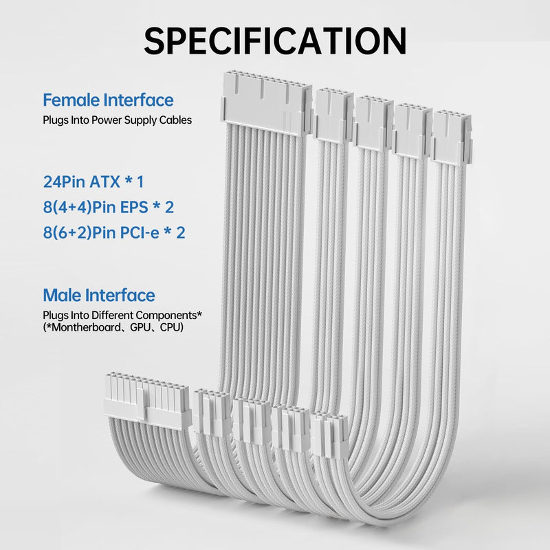 PSU Cable Extension Kit 30CM Length with Cable Combs 1x24Pin/2x8Pin(4+4) EPS/2x8Pin(6P+2P) PCI-E/PC Sleeved Cable for ATX Power Supply (White) White