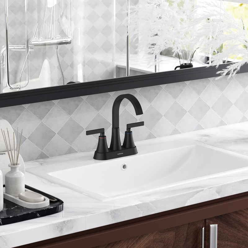 Hurran 4 inch Waterfall Bathroom Faucets with Pop-up Drain and Supply Lines | Matte Black Centerset Bathroom Sink Faucet, Stainless Steel 360 Swivel Bathroom Faucets for Sink 3 Hole Vanity RV Restroom