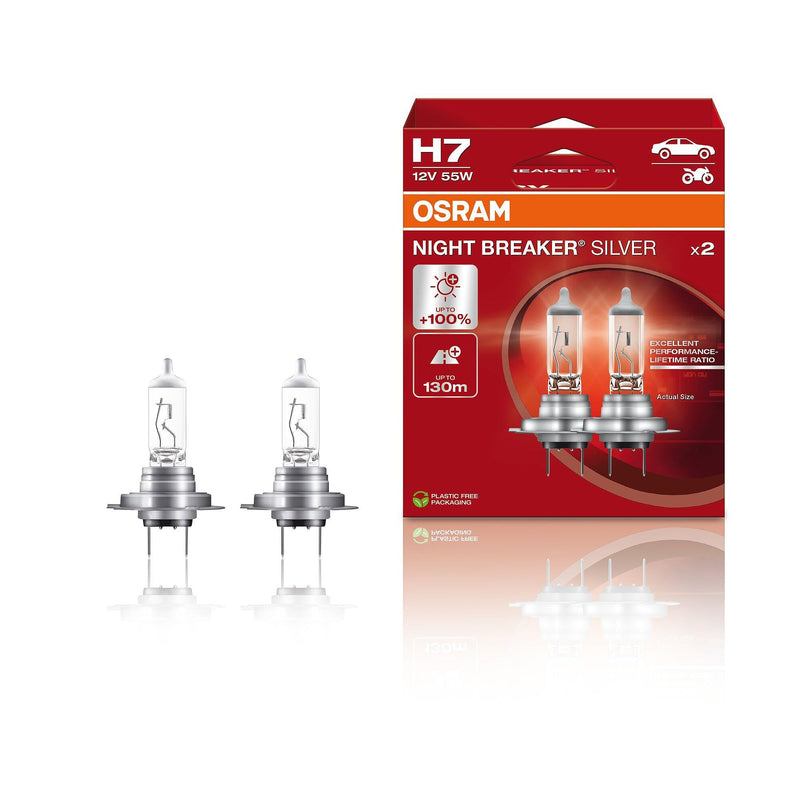 Osram Night Breaker Silver H7, +100% More Brightness, Halogen Headlight Bulb, 64210NBS-2HB, 12 V Car, Hanging Box (2 Lamps) | Halogen Headlight Bulb, 64210NBS-2HB, 12V Car, Hanging Box (2 Lamps) 2 Lamps