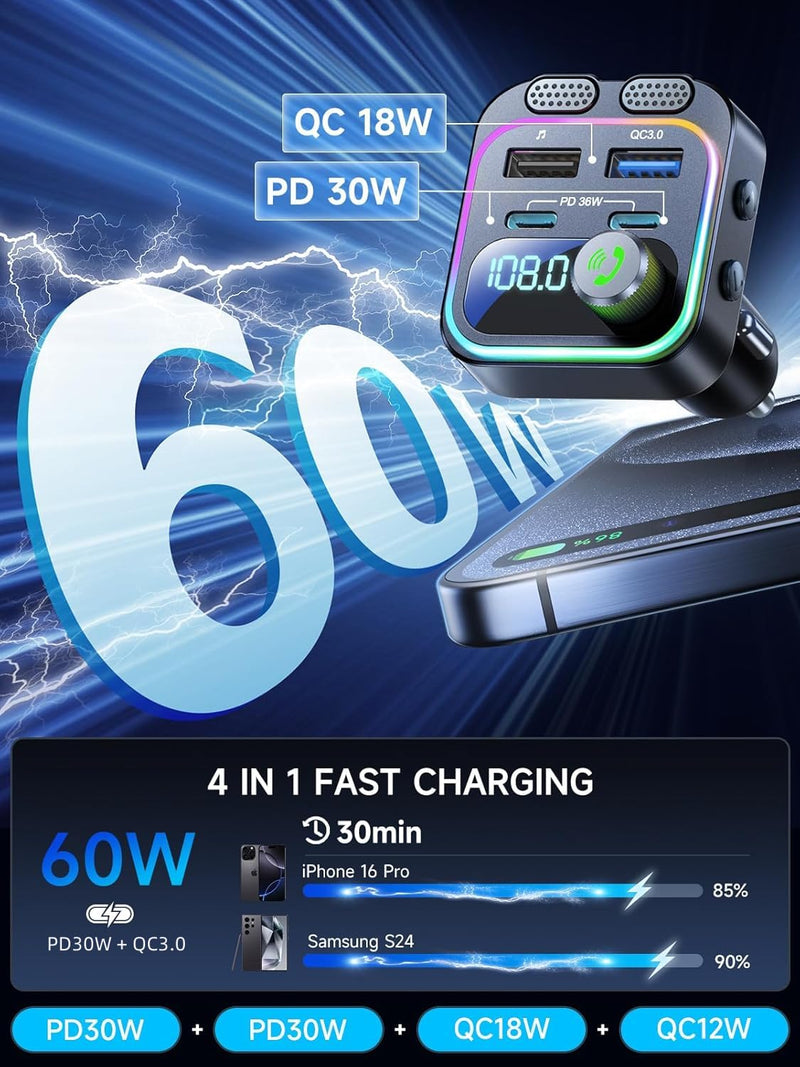 60W Bluetooth 5.4 FM Transmitter Car Adapter [Reinforced Dual Mics & Deep Bass] [Dual PD 60W & QC3.0] Fast Charging Handsfree Calling Wireless Radio Bluetooth Transmitter for Car [Black] Black
