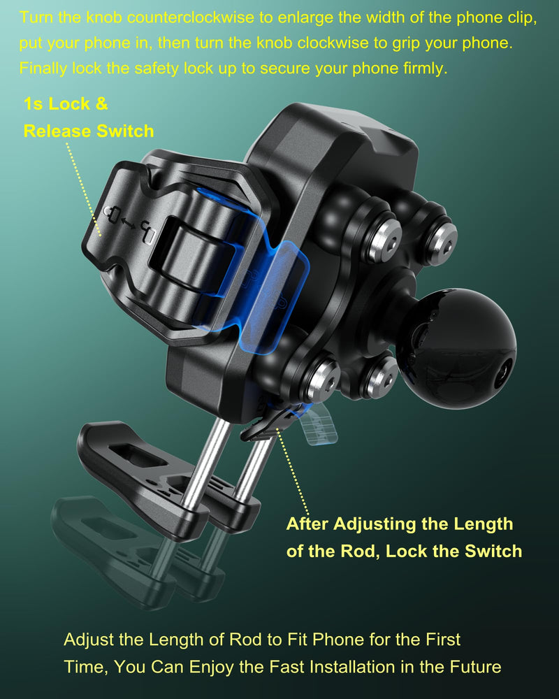 BRCOVAN Anti-Theft Phone Mount Holder with Vibration Dampener [Camera Friendly] [1s Lock & Release], with Aluminum Diamond Base & Medium Arm for Car Boat Truck Motorcycle UTV ATV Fit 5.4-7.2'' Phone