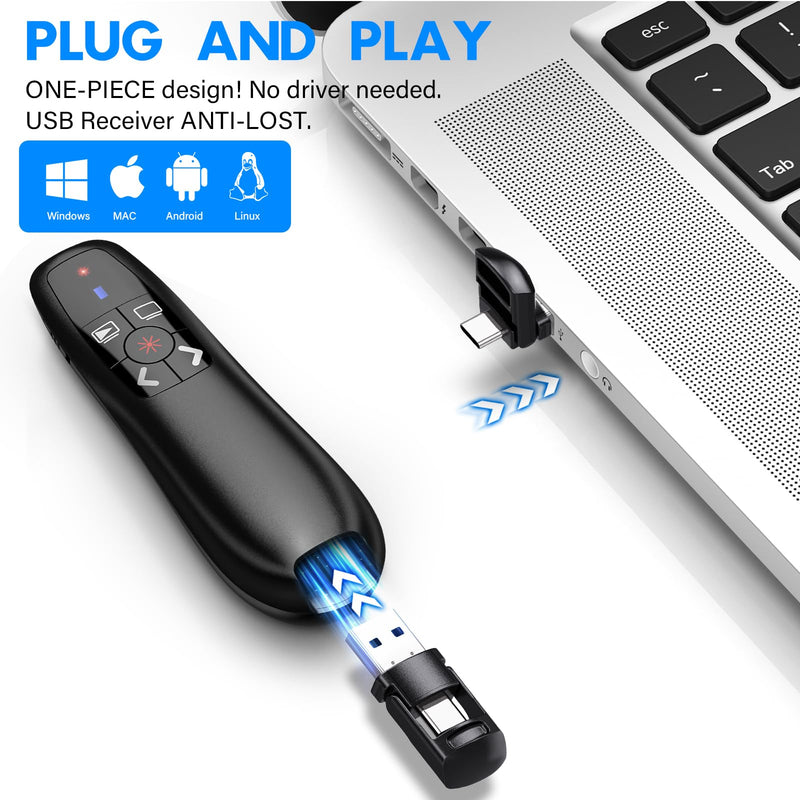 Presentation Clicker with 2-in-1 USB Type C, Wireless Presenter Remote Clicker for PowerPoint Presentations, Pointer RF 2.4GHz USB PowerPoint Clicker Slide Advancer with Volume Control F04 AAA-USB-C