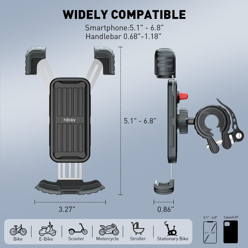 Hiboy Bike Phone Holder, 360° Rotatable Universal Motorcycle Phone Mount, Wrap Anti Shake Bicycle Scooter Handlebar Phone Clip for 5.1-6.8" Cellphone