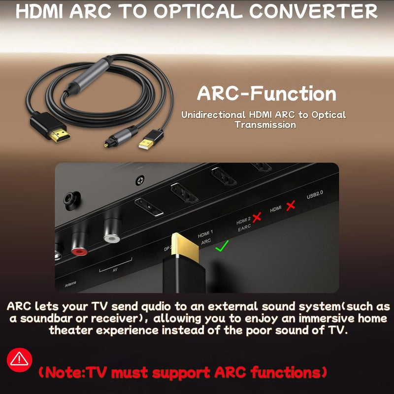 192KHz HDMI ARC to Optical Audio Converter 6FT,ARC to Optical Audio Extractor Cable,Plug & Play, AR C to O ptical Audio Adapte for HDTV to Soundbar,Amplifier-[No CEC]