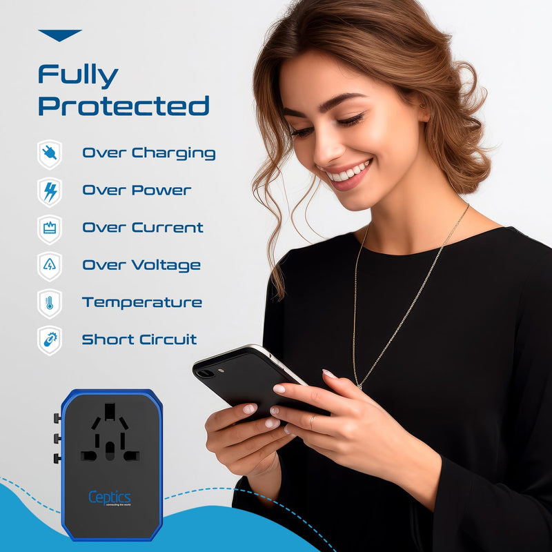 Ceptics 70W World International Travel Plug Adapter - Powerful GaN Tech with Pd & QC 3.0 Dual 3X USB-C Power - 2 USB Ports Wall Charger Type I C G A Outlets 110V 220V A/C - EU Euro US UK (70-KU) 1 Pack Universal Travel Adapter 70W