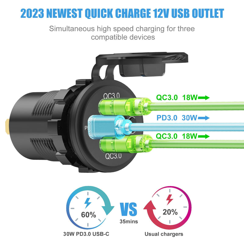 2 PACK 12 Volt USB Outlet Dual Quick Charge 3.0 Port and PD3.0 USB C Car Battery Chargers Socket, Waterproof 12V Power Outlet Cigarette Lighter Replacement DIY Kit with Voltmeter and Switch