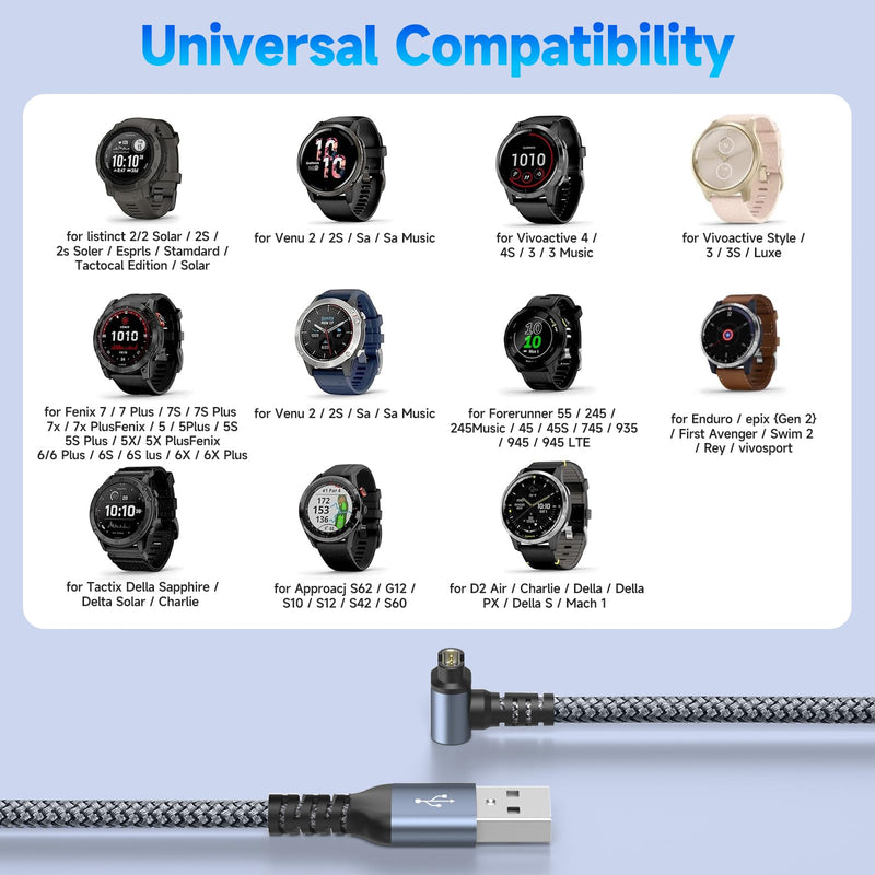 Garmin Watch Charger Cable Right Angle [2-Pack,3.8ft] Compatible with Garmin Fenix 5 5S 5X 6 6S 6X Plus Pro 7 7S 7X, Forerunner 945 45 45S 245 Music,Approach S10 S40 S60 G12 S42,Vívoactive 3 4 4S-Grey