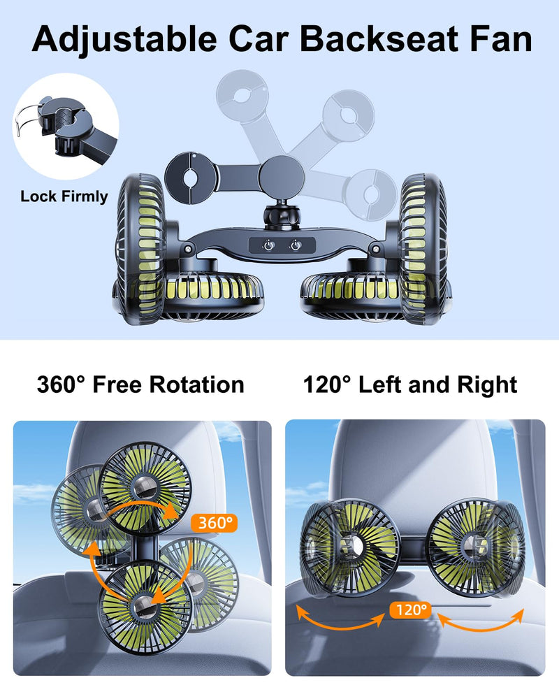 Battery Fan for Car Backseat, 360°Rotatable Car Fan for Back Seat Kids, [Comes with Car Charger&USB C Cable*1] 3 Speeds Separate Control Rechargeable Fan for Car Seat Fit for Vehicles SUV RV 2000mAh