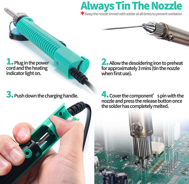 YIHUA 929D-V Electric Vacuum Desoldering Iron Soldering Iron Sucker Desoldering Pump with Shorter Charging Handle and Desoldering Nozzles 1.0mm 1.2mm for Through Hole Soldering (EU PLUG)