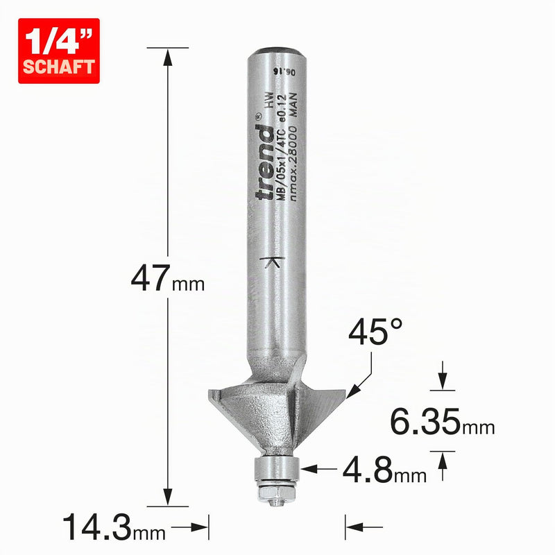 Trend Professional Miniature Chamfer Router Bit 45 Degree, 1/4 Inch Shank, 14.3 mm Cutting Diameter and 6.35 mm Cutting Length, Carbide Tipped MB/05X1/4TC