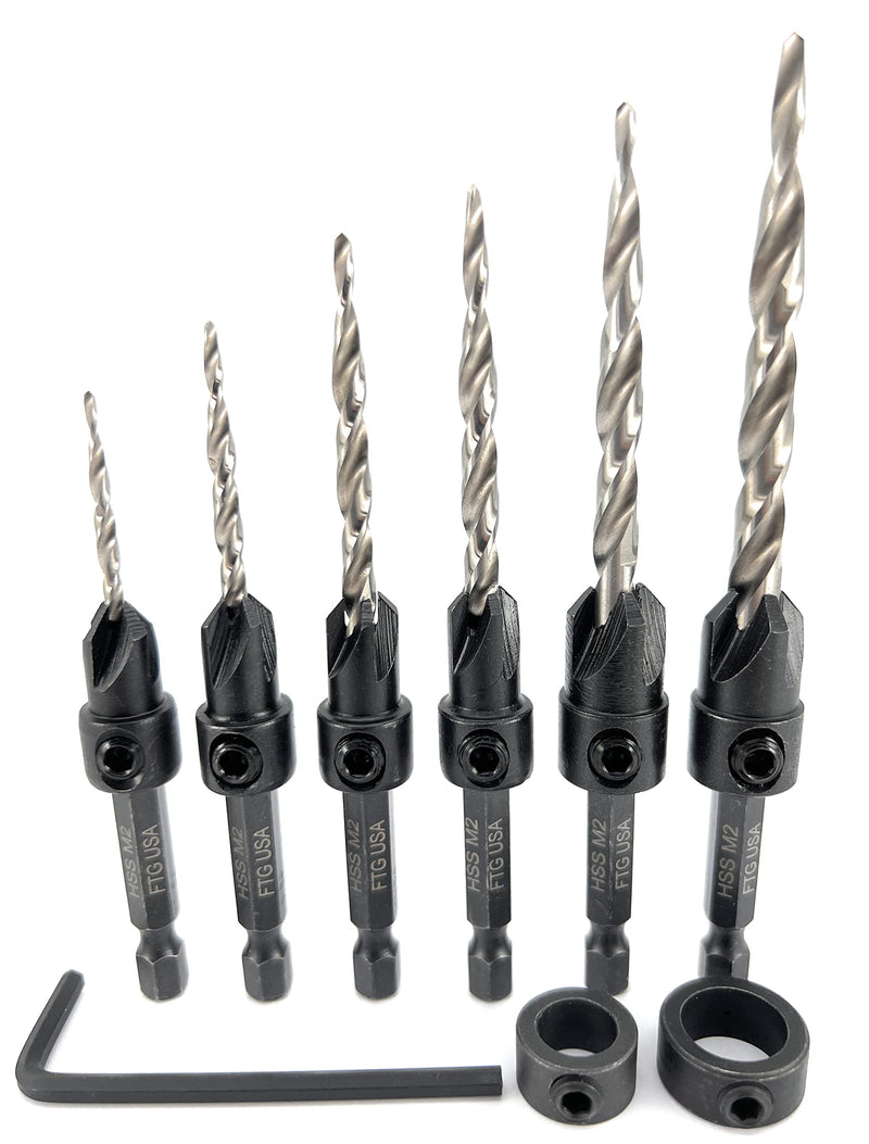 FTG USA Adjustable Wood Countersink Drill Bit Set 6 Pc Countersink Drill Bit #4#6#8#10#12#14 with Tapered Drill Bit with Depth Stop