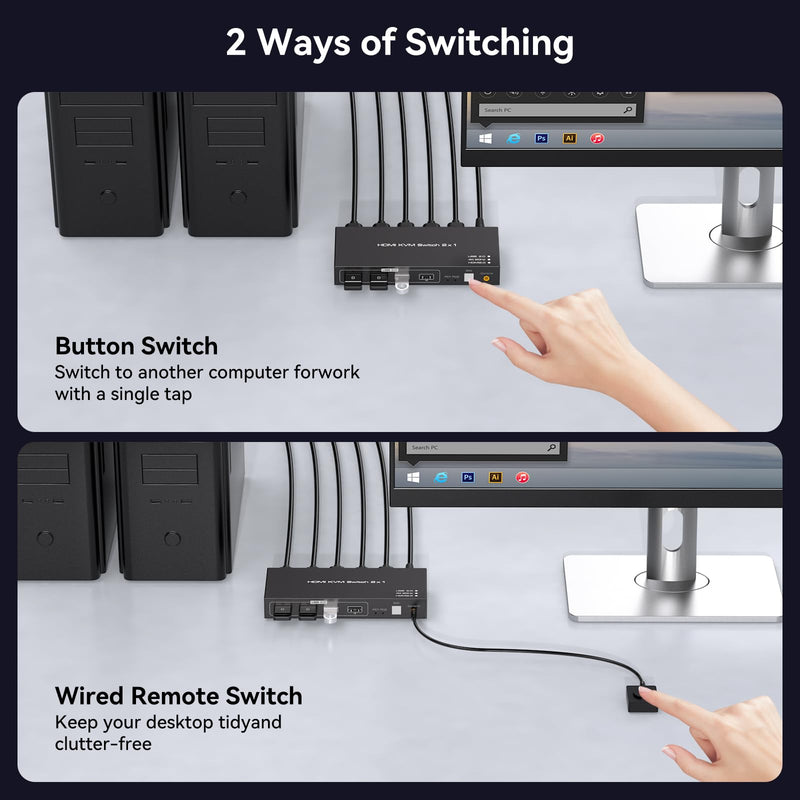 4K60HZ KVM Switch 1 Monitors 2 Computers HDMI KVM Switches for 2 Computers Sharing Single Monitor and Keyboard Mouse Hard Drives Printer with Two USB Cables and Wired Controller SW201ABG Deep Black