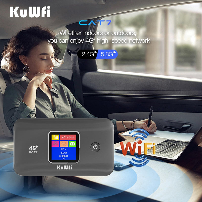 KuWFi 4G+ CAT7 Unlocked 4G LTE Mobile WiFi Hotspot, 300Mbps High-Speed Travel Router with SIM Card Slot for RV/Camping/Trips, Works with T-Mobile AT&T