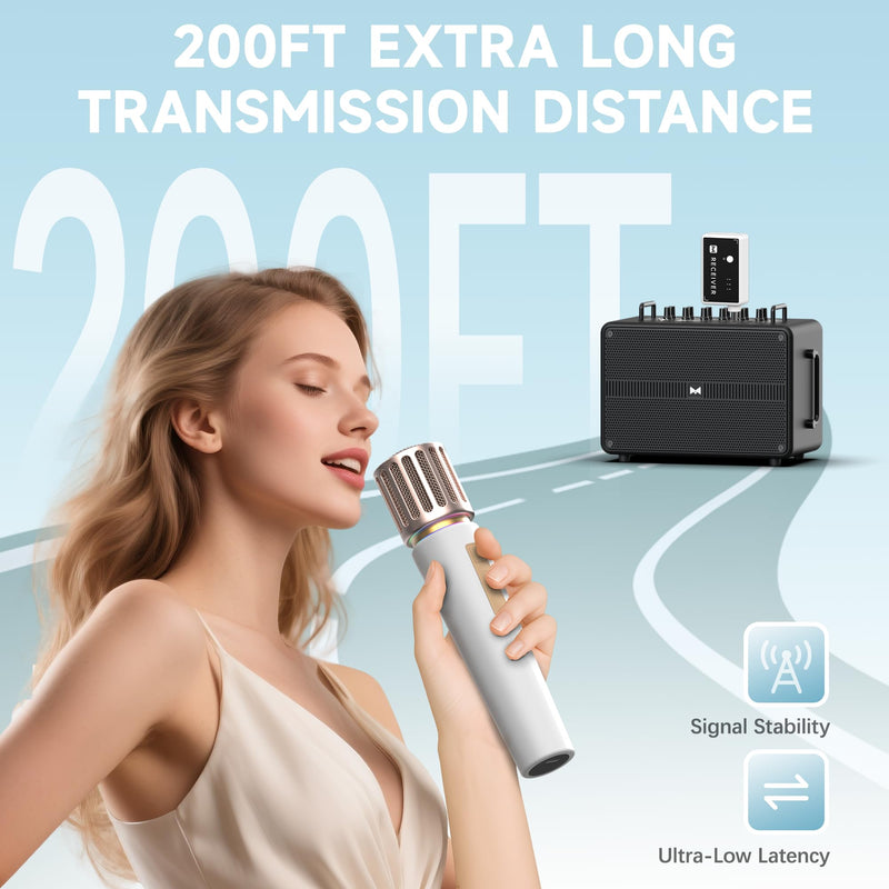 Wireless Microphones, Microphone with One-to-One Chip Connection, Controllable LED Lights, 40H Duration, 200FT Range Free Sing, Volume Control Microphone for Singing, Speech, Home Party, Youtube