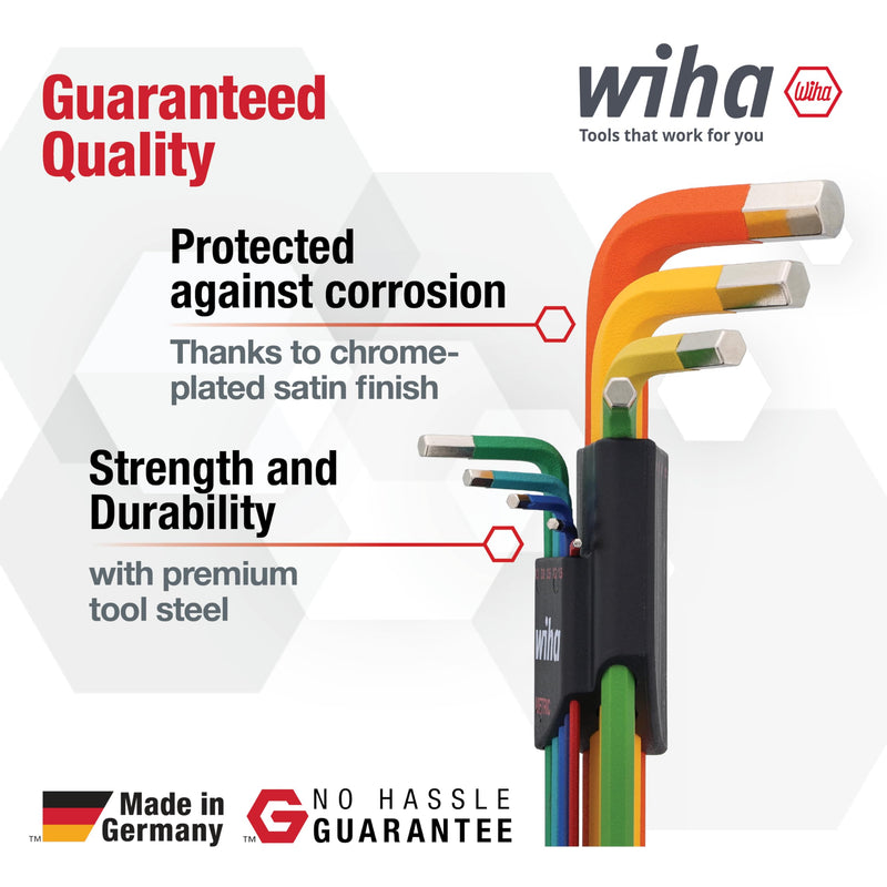Wiha 66980 Ball End Hex L-Key Set, 9 Piece, Metric, Color Coded, Textured Grip, Includes Holder Hex L-Key Metric Color Coded Set, 9 piece
