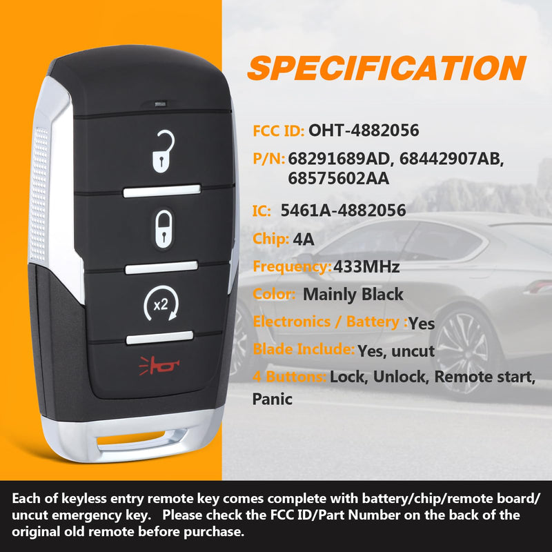 Car Key Fob Remote Keyless Entry Control for Dodge Ram 1500 Pickup 2019 2020 2021 2022 2023 2024 OHT-4882056 68442907 68291689 4 Buttons 433MHz 4A Chip