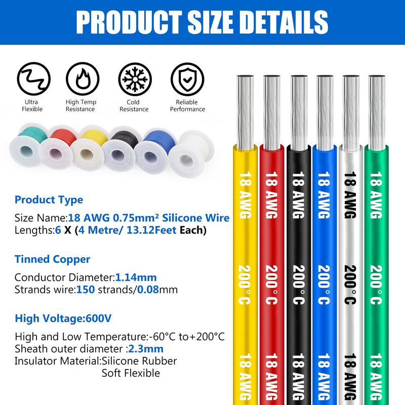 18 AWG 0.75mm² silicone electronics electrical wire cable kit, 4 meters each, wire tinned copper strands, for DIY models household appliances etc. 0.75mm² 18AWG-4M silicone