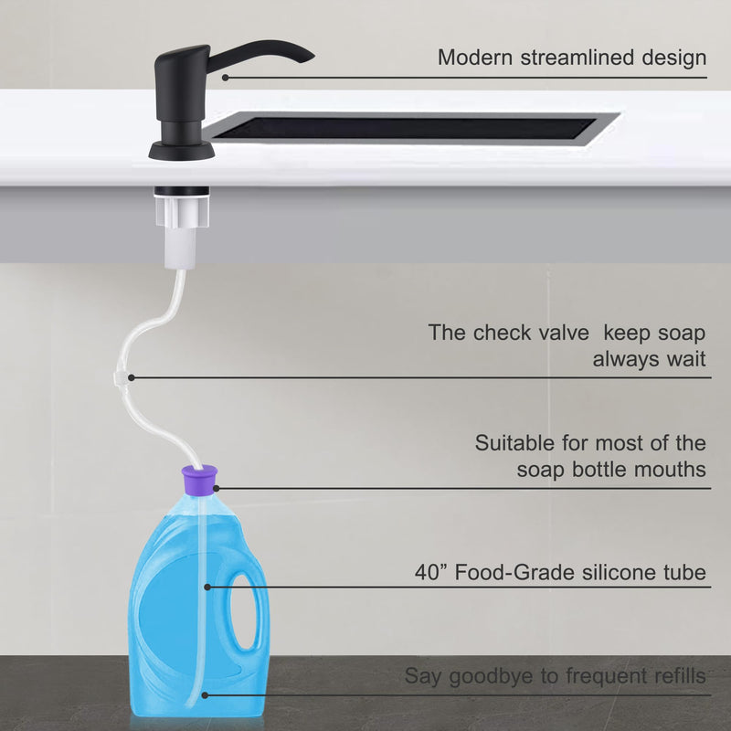 GAGALIFE Built in Counter Soap Dispenser for Kitchen Sink and Soap Dispenser Extension Tube, Anti-Leakage Upgrade with 40" Soap Tube, No More Top Refill (Matte Black) Matte Black