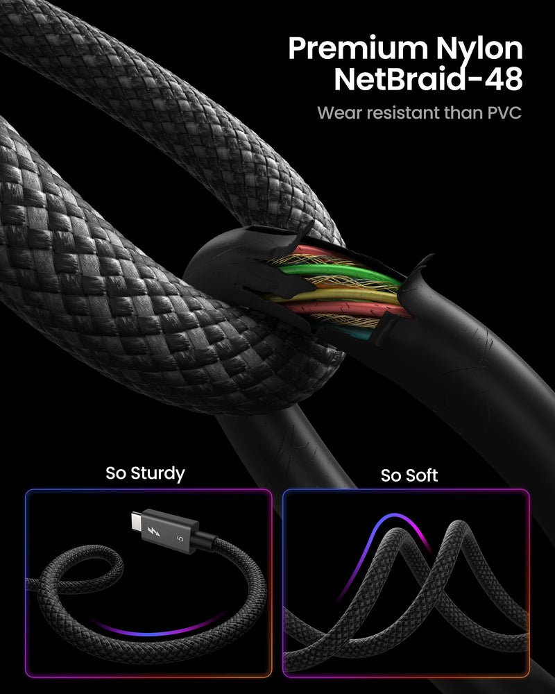 Silkland Intel Certified Thunderbolt 5 Cable 80Gbps, up to 120Gbps Bandwidth for 16K/Dual 8K, 240W, Prime Braided Thunderbolt Cable Compatible for Thunderbolt 4/3, USB4, USB C,SSD,MacBook M4 Pro,3.3FT
